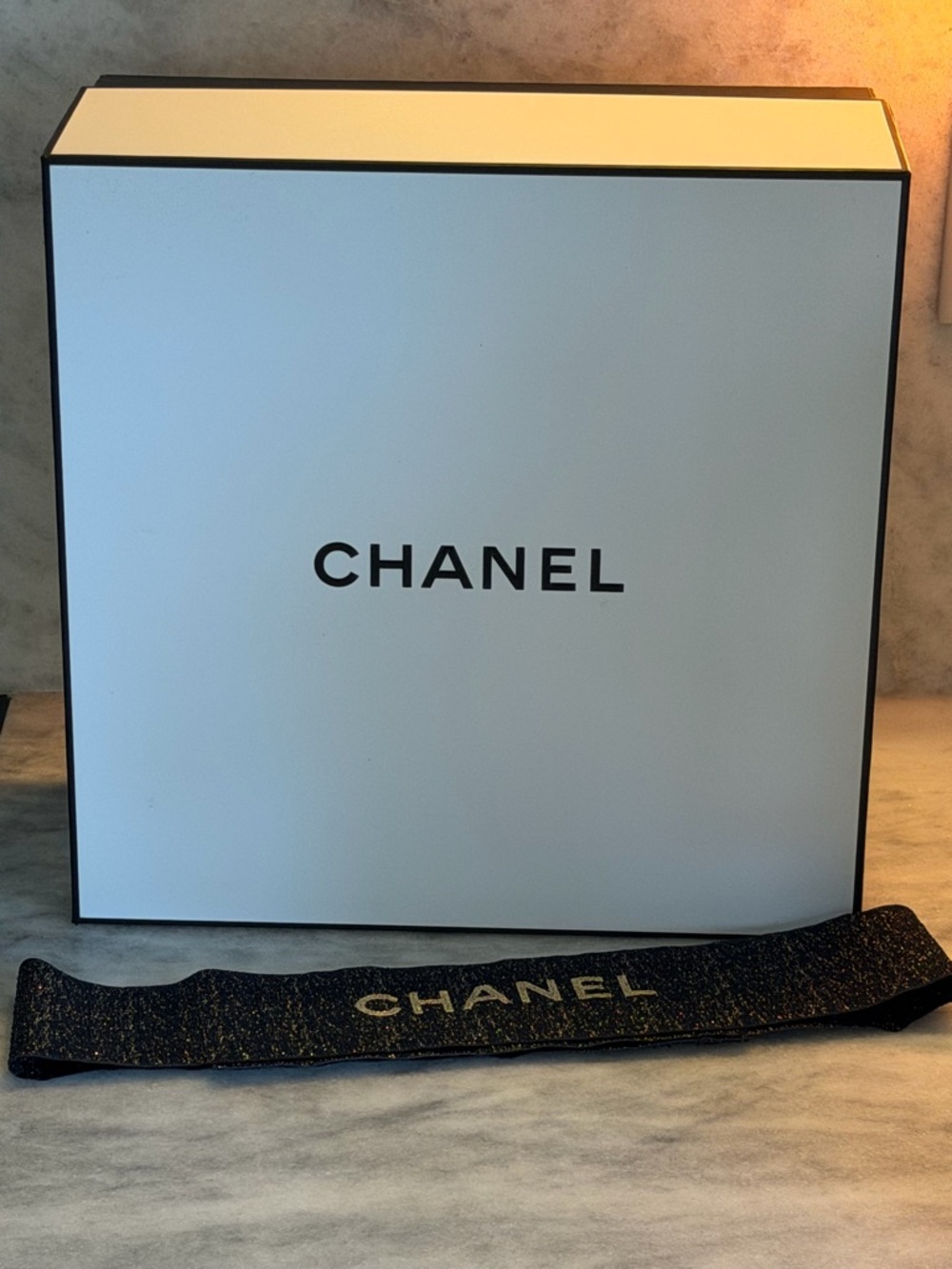 CHANEL White and Black Box with limited edition Chanel ribbon